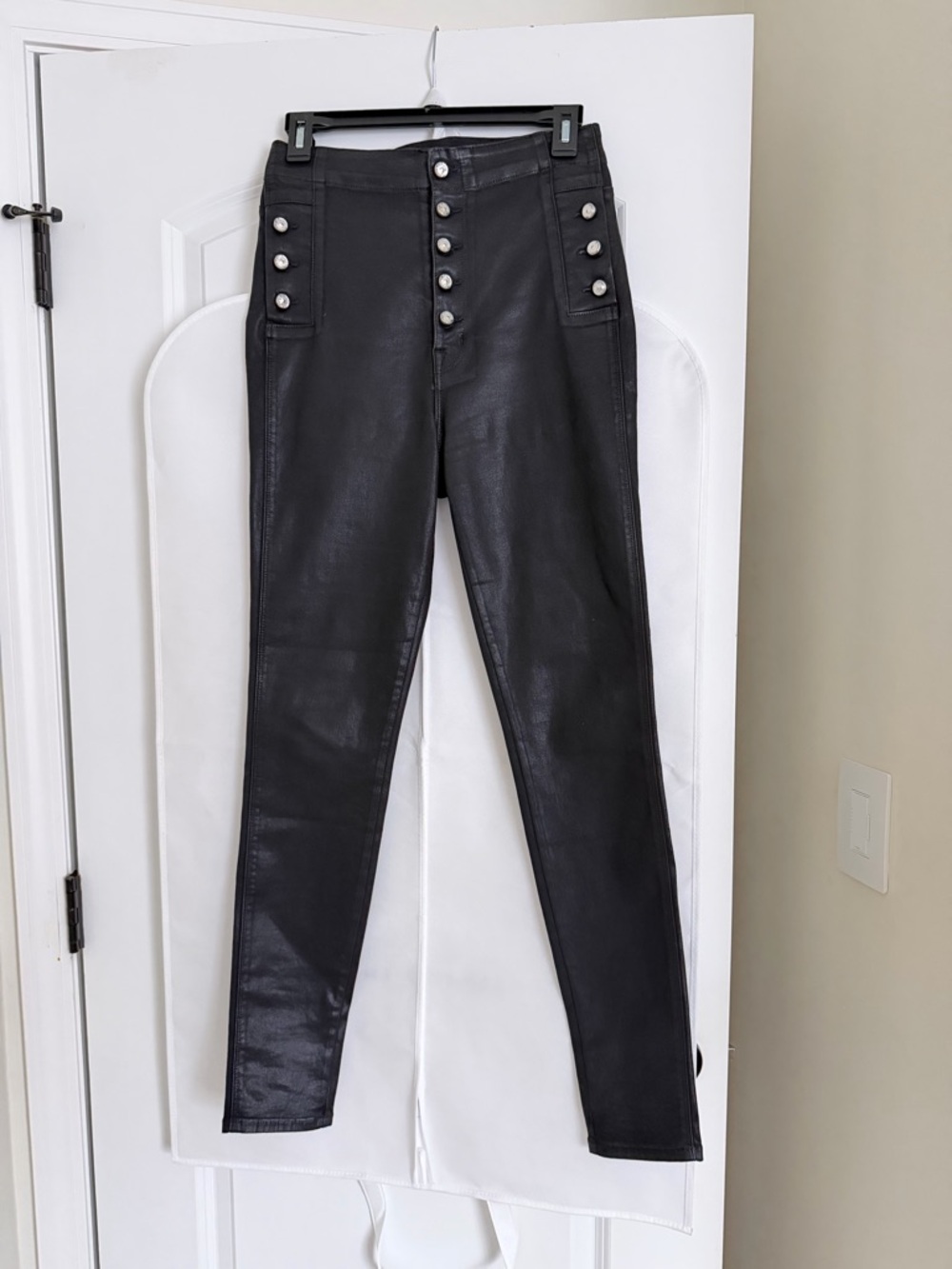 J Brand Black High-Rise Faux Leather Like  Skinny Pants with Button Placket